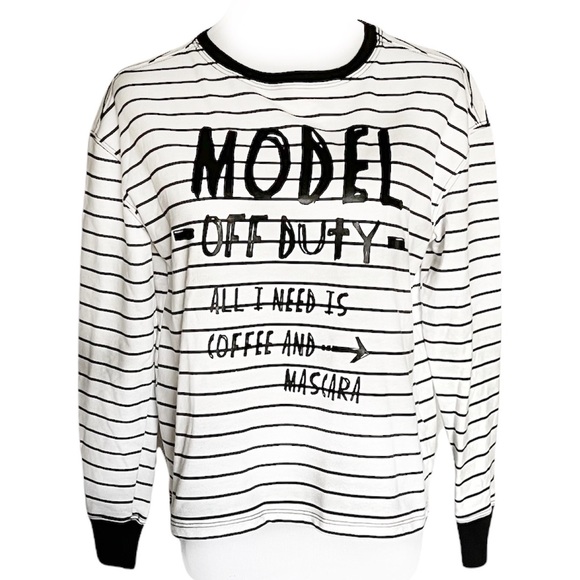 Model Off Duty Graphics Black White Striped Ringed Long Sleeve Tee Shirt… - Picture 9 of 12